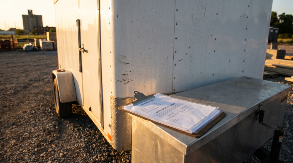 White contractor trailer with insurance documents on the tongue box — contractor trailer insurance riders at PrimeLoad