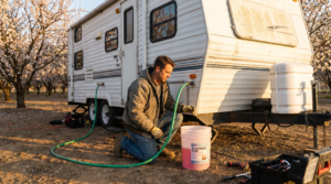 Contractor de-winterizing a white travel trailer with water hose and flush bucket — RV de-winterizing step by step at PrimeLoad