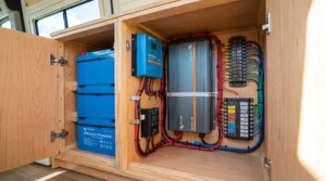 Camper trailer interior with lithium battery bank, solar charge controller, inverter, and wiring panel — boondocking battery setup at PrimeLoad
