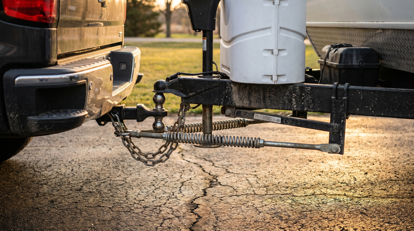 Weight-distribution anti-sway hitch installed between a pickup truck and travel trailer with spring bars visible — best anti-sway hitches at PrimeLoad